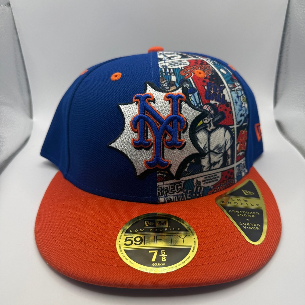 New Era 59FIFTY Low Profile NY Mets Comic Print Fitted Hat 7 5/8 Blue Orange